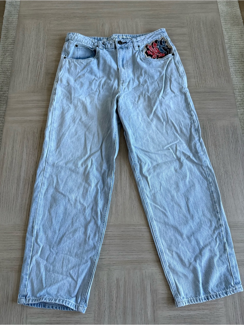 Ninth Hall Ambush Embroidered Panther Skull Jeans SZ 33 Wide Leg Streetwear EUC